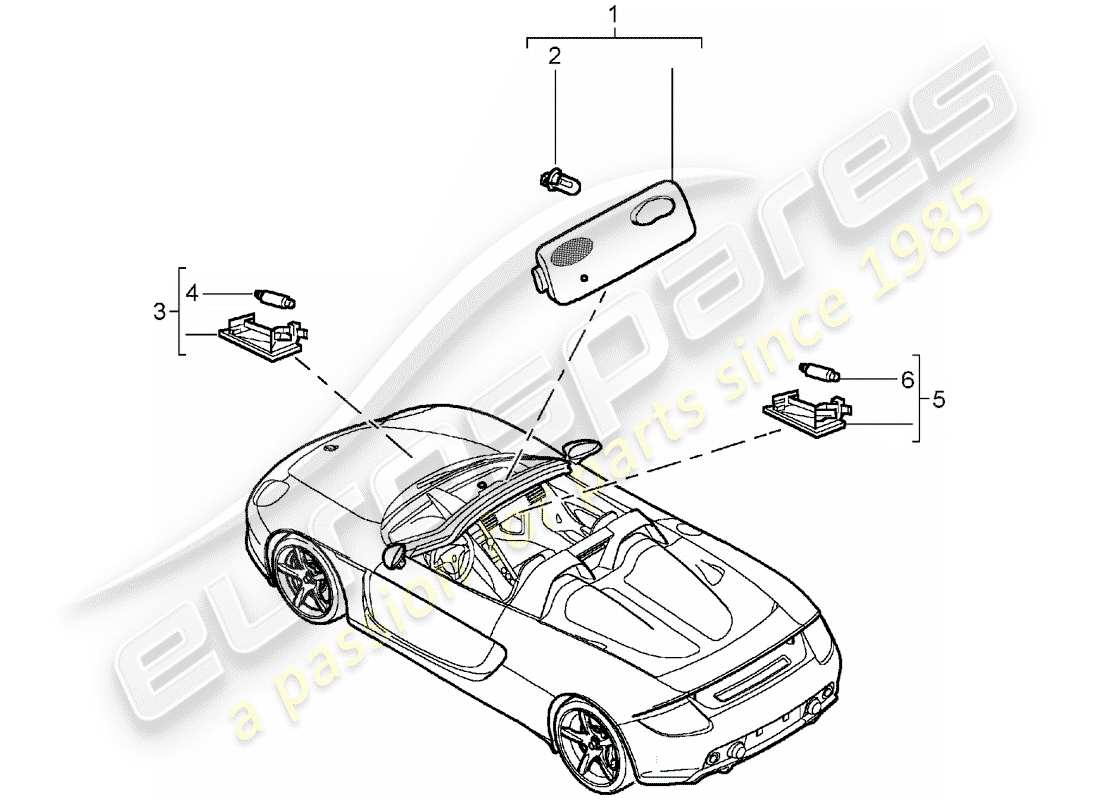 porsche 2004 (carrera gt) interior lighting - luggage compartment lamp - glove box parts diagram