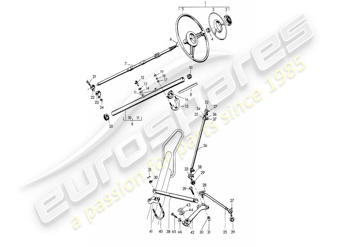 porsche 356/356a (1955) steering wheel - intermediate steering shaft - steering track rod - and - swing lever part diagram