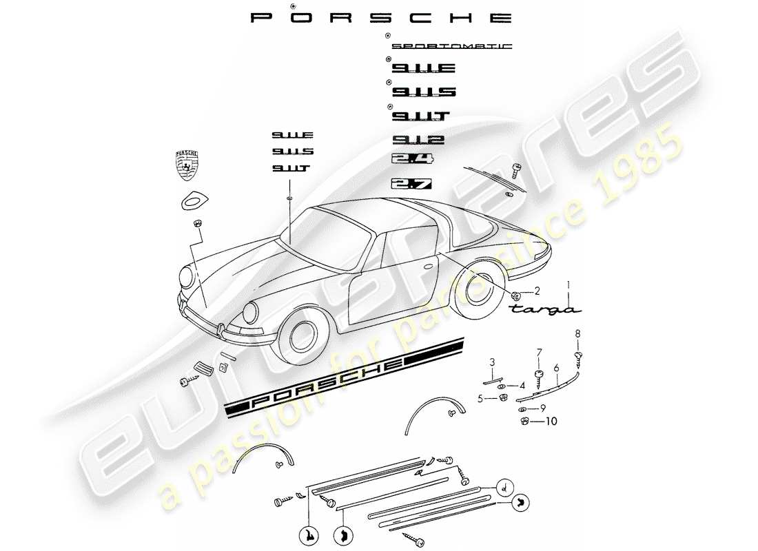 porsche 1971 (911) decorative fittings part diagram