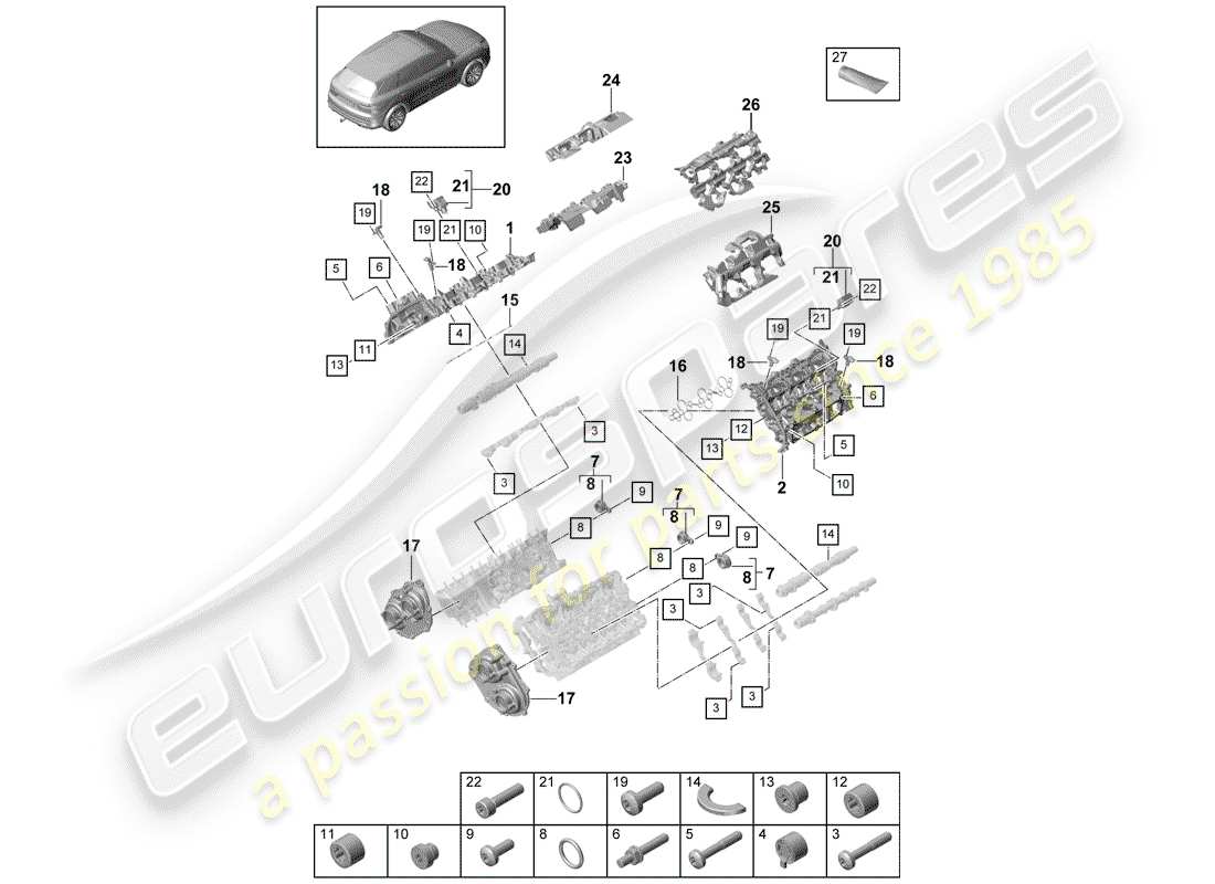 porsche 2019 (cayenne e3 9ya/9yb) cylinder head cover sound absorber accessories parts diagram