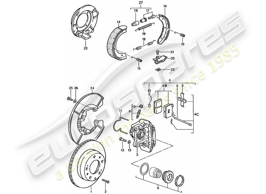 porsche 924 (1984) disc brakes - rear axle parts diagram