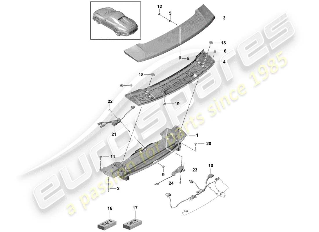 porsche 2014 (991-1 r/gt3/rs) rear spoiler part diagram