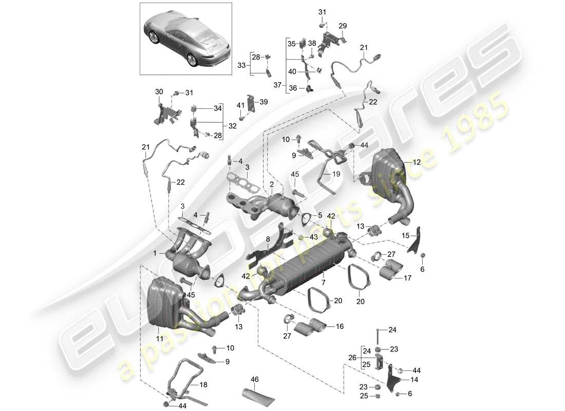 porsche 2014 (991-1) exhaust system parts diagram
