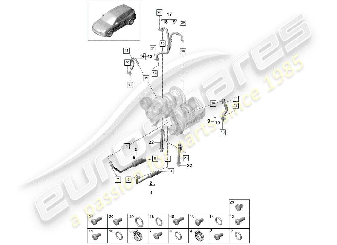 porsche 2018 (cayenne e3 9ya/9yb) coolant cooling system for exhaust gas turbocharger oil pressure line for engine oil cooling parts diagram