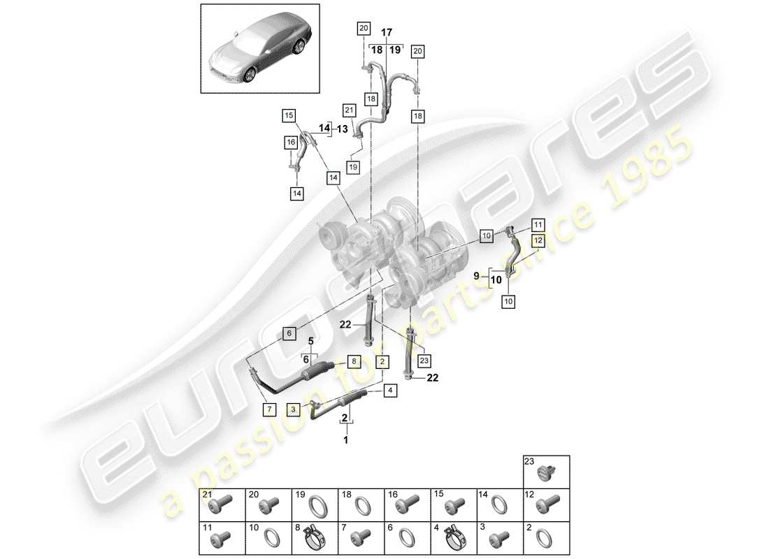 porsche 2019 (panamera 971-1) coolant cooling system for turbocharger oil pressure line for exhaust gas turbocharger part diagram