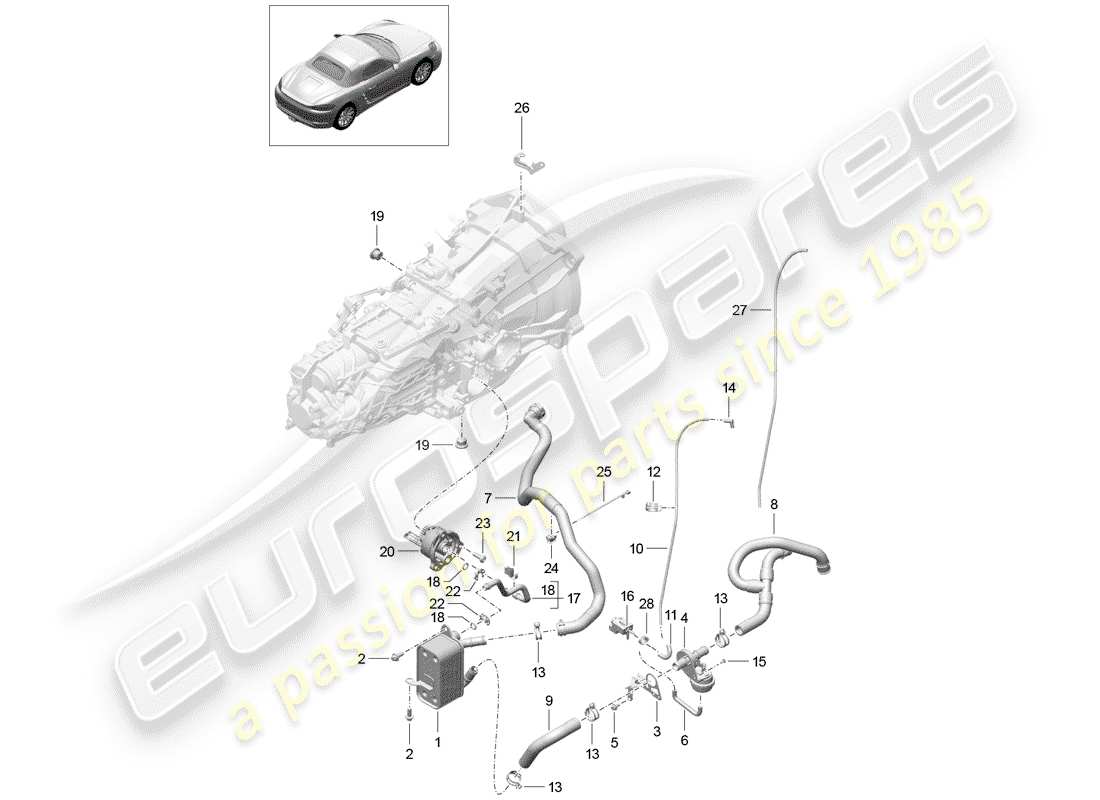 porsche 2019 (718 boxster) manual gearbox heat exchanger oil pipe water pipe parts diagram