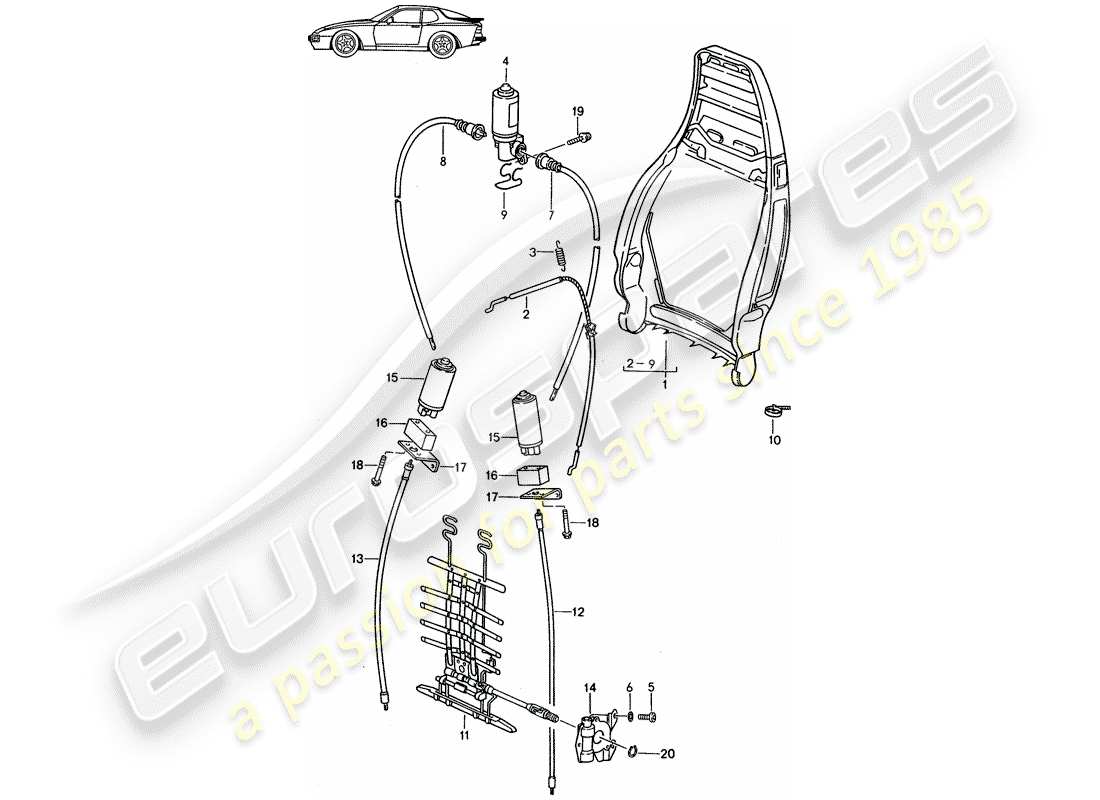 porsche seat 944/968/911/928 (1991) backrest frame - manually - electric - lumbar support - d - mj 1989>> - mj 1991 parts diagram
