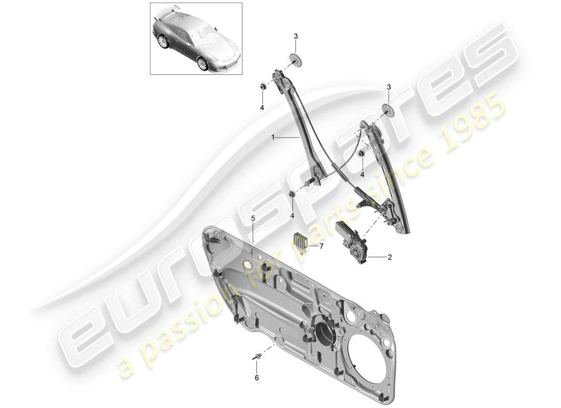 porsche 2015 (991-1 r/gt3/rs) window regulator part diagram