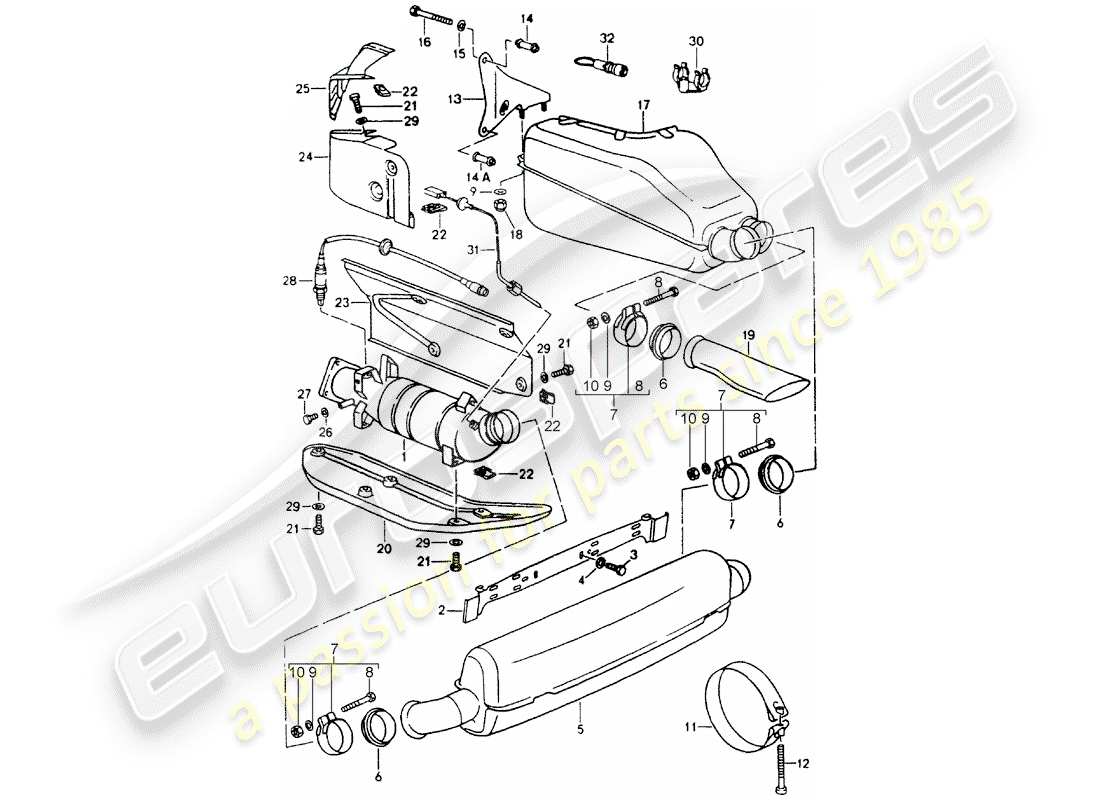 porsche 1989 (964) exhaust system - muffler - exhaust - catalyst parts diagram