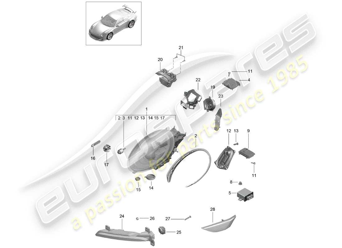 porsche 2015 (991-1 r/gt3/rs) headlights additional headlight turn signal indicator side marker light turn signal repeater d - mj 2018>> part diagram