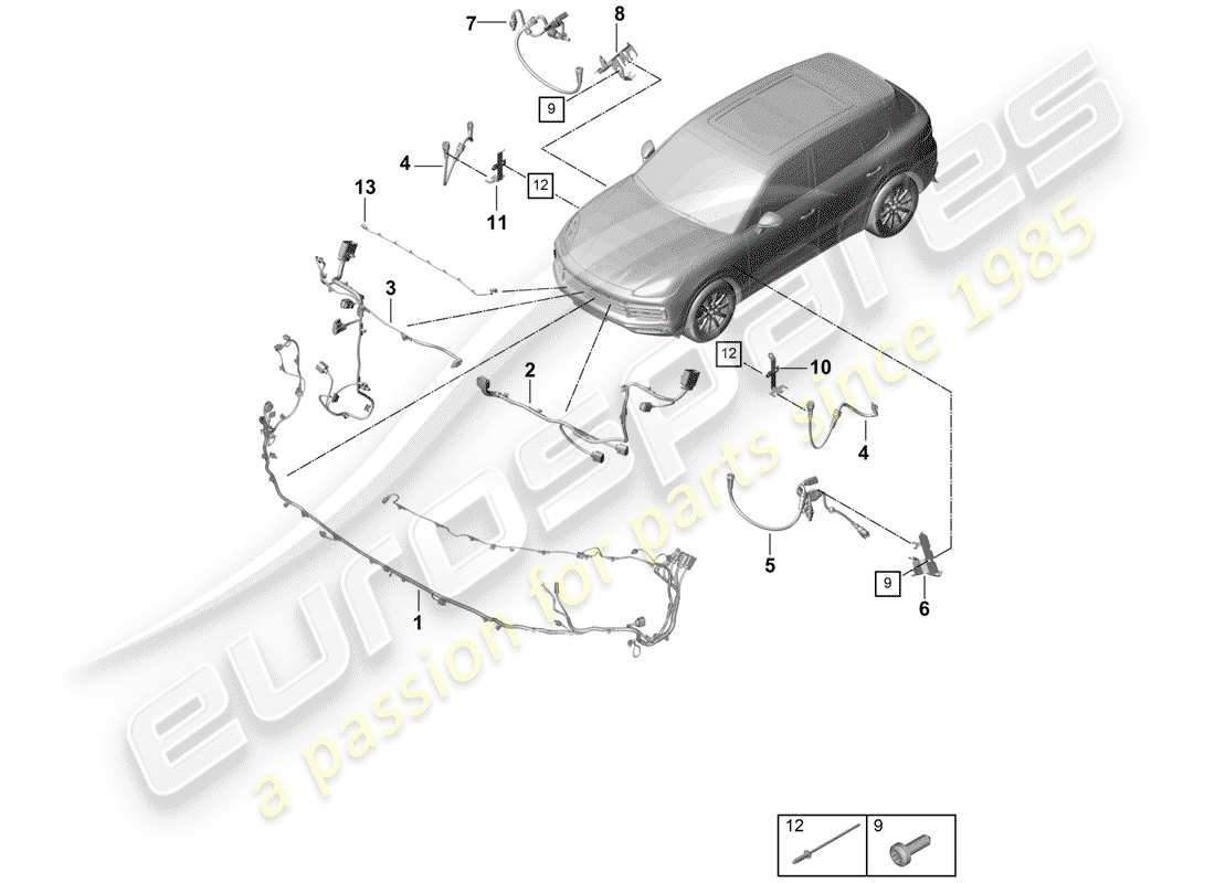 porsche 2020 (cayenne e3 9ya/9yb) wiring looms bumper part diagram