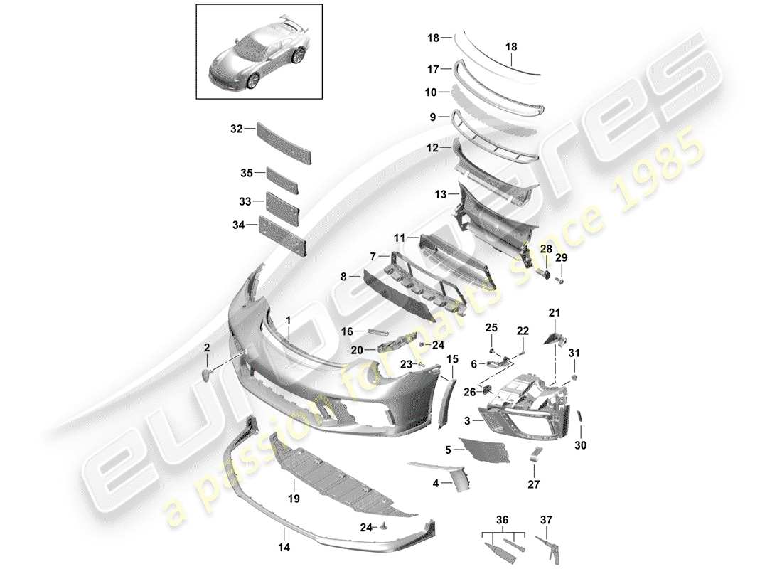 porsche 2016 (991-1 r/gt3/rs) bumper front spoiler part diagram