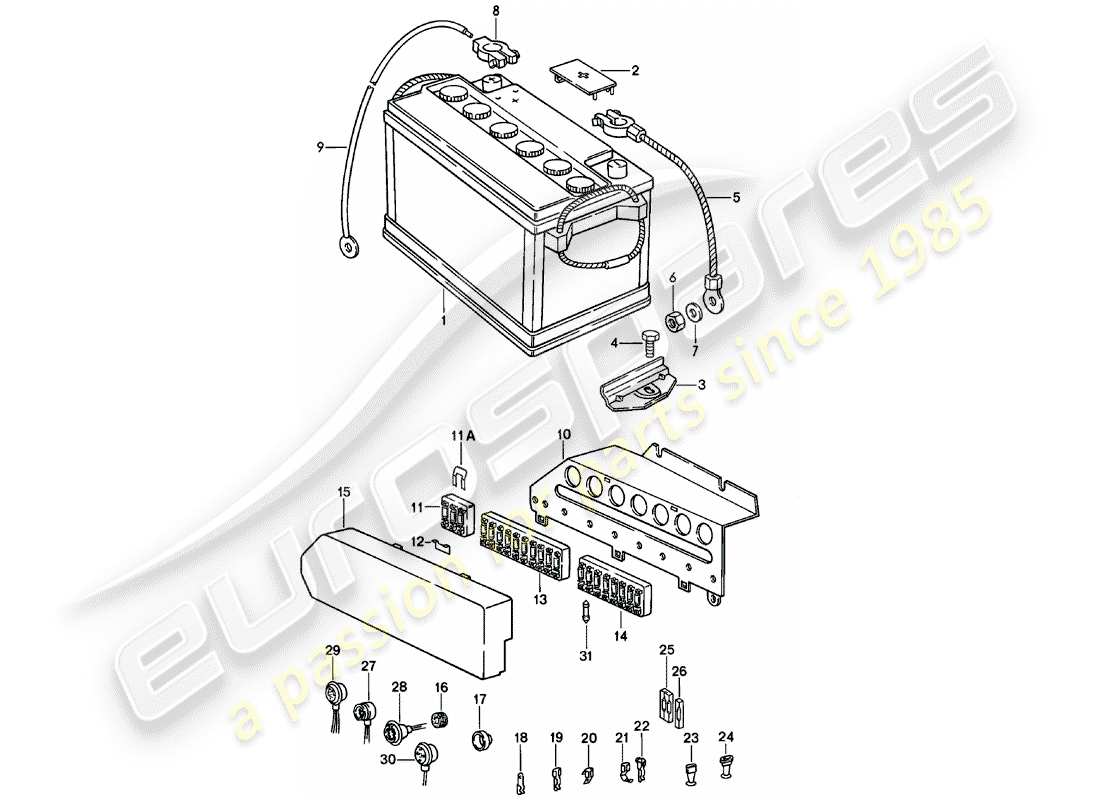 porsche 1980 (911) battery - fuse box part diagram