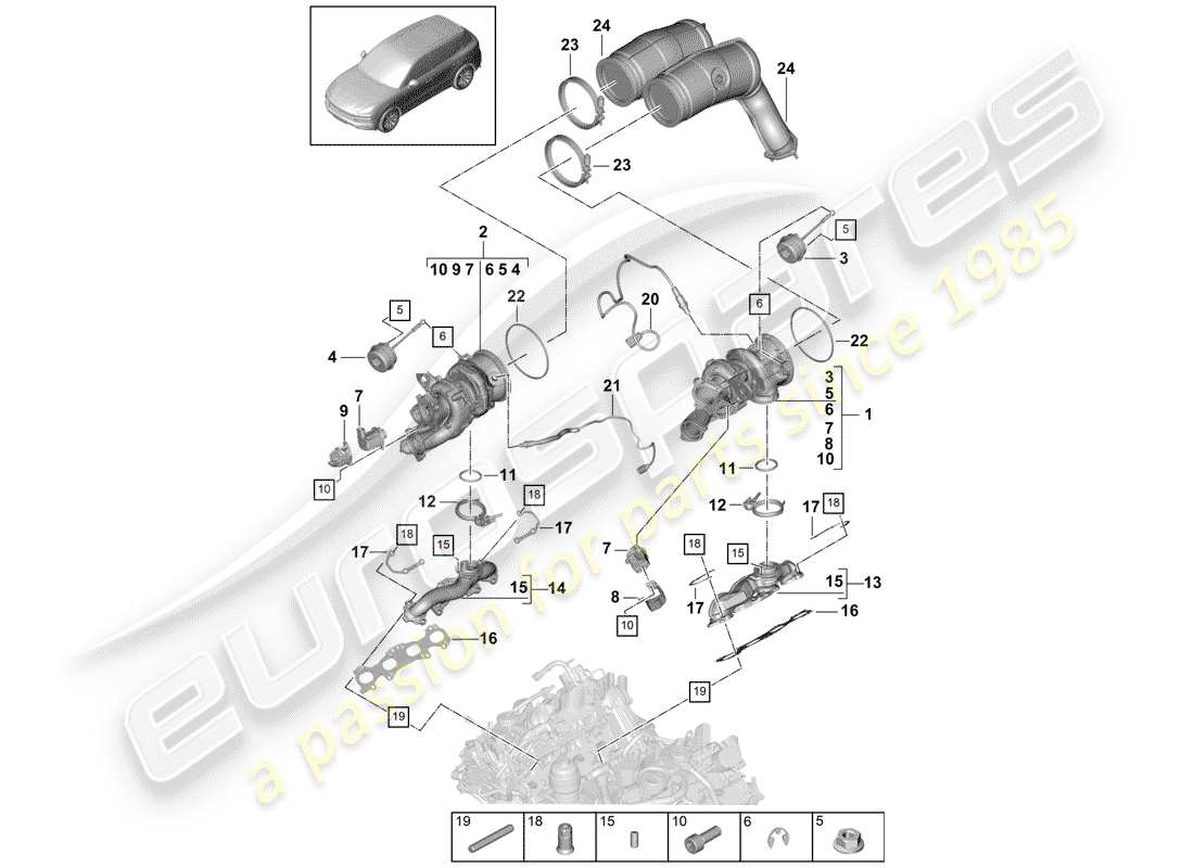 porsche 2020 (cayenne e3 9ya/9yb) exhaust gas turbocharger exhaust manifolds lambda probe part diagram