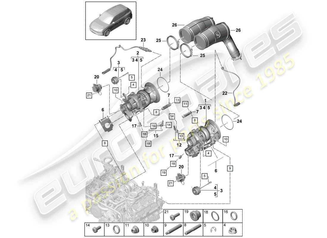 porsche 2019 (cayenne e3 9ya/9yb) exhaust gas turbocharger exhaust manifolds lambda probe parts diagram
