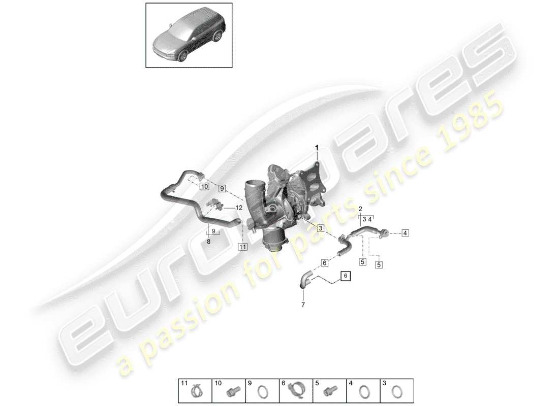 porsche 2019 (cayenne e3 9ya/9yb) coolant cooling system for turbocharger parts diagram