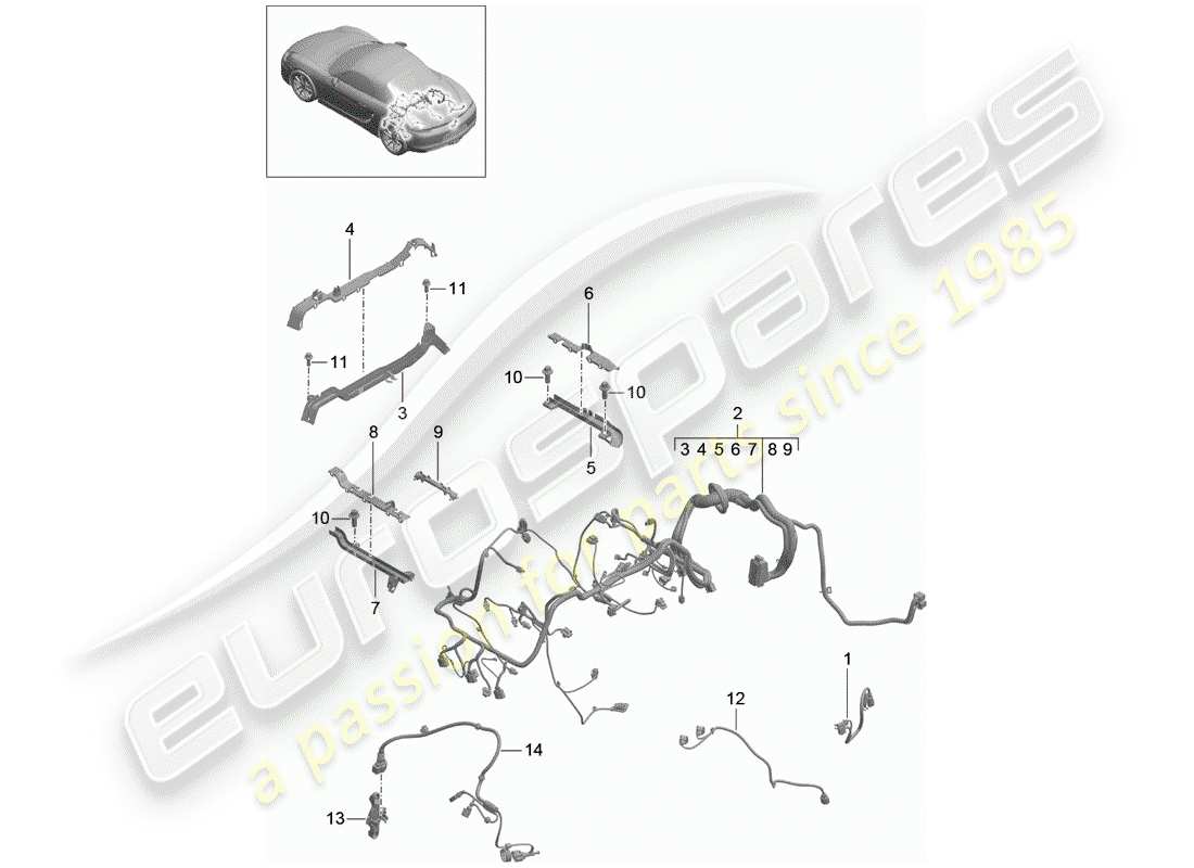 porsche 2013 (981 boxster) wiring looms rear trim engine gearbox rear axle parts diagram