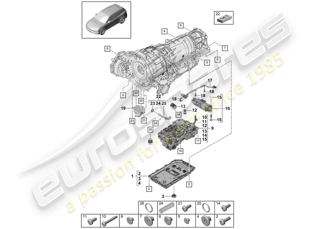 porsche 2019 (cayenne e3 9ya/9yb) 8-speed automatic gearbox for four-wheel drive mechatronic with software oil pump gear oil cooler transmission oil sump parts diagram