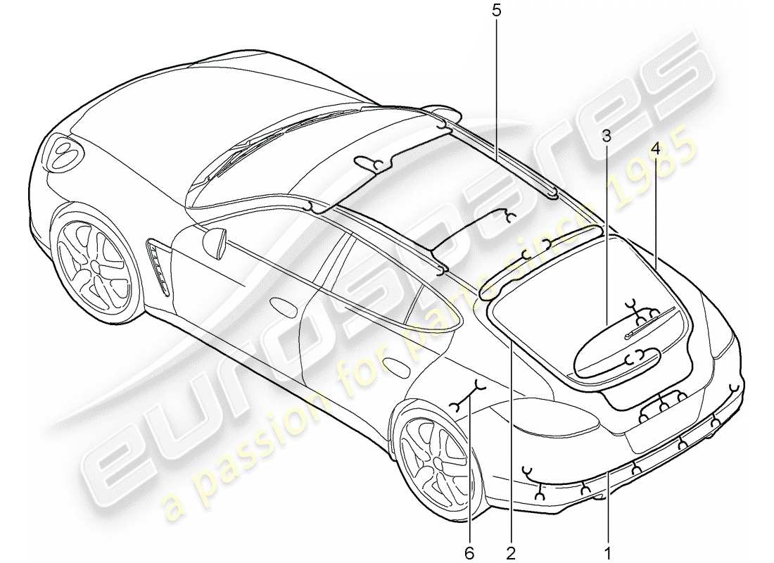 porsche 2011 (panamera 970) wiring looms rear spoiler roof trim rear lid anti-locking brake syst. -abs- brake pad wear display rear axle part diagram