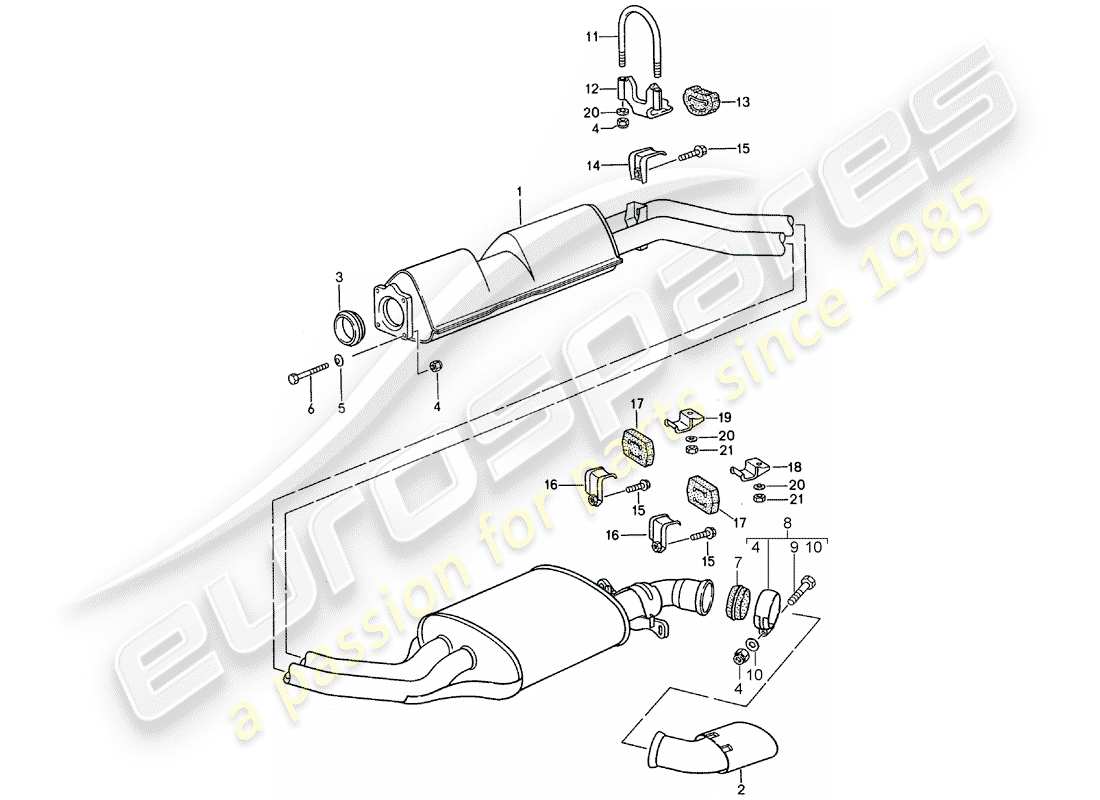 porsche 968 (1995) exhaust system - middle exhaust muffler - exhaust silencer, rear parts diagram