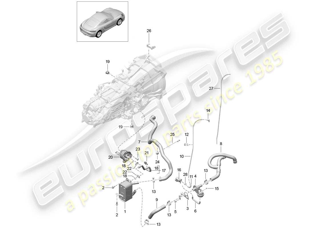 porsche 2018 (718 cayman) manual gearbox heat exchanger oil pipe water pipe part diagram