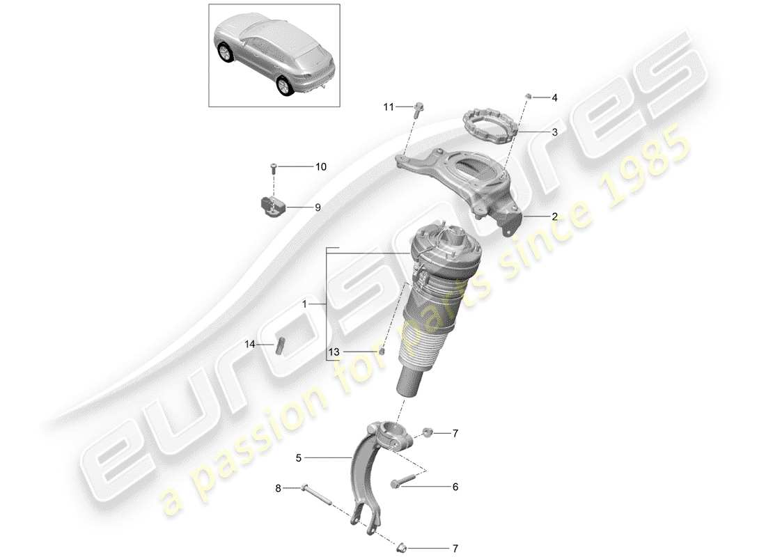 porsche 2014 (macan) air spring suspension strut, complete parts diagram
