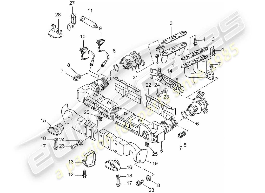 porsche 996 t/gt2 (2004) exhaust system parts diagram