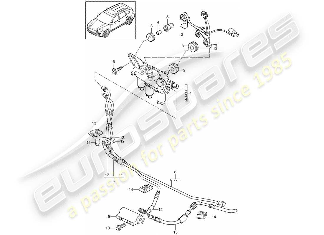 porsche 2014 (cayenne e2 92a) anti-roll bar valve block junction pressure line part diagram