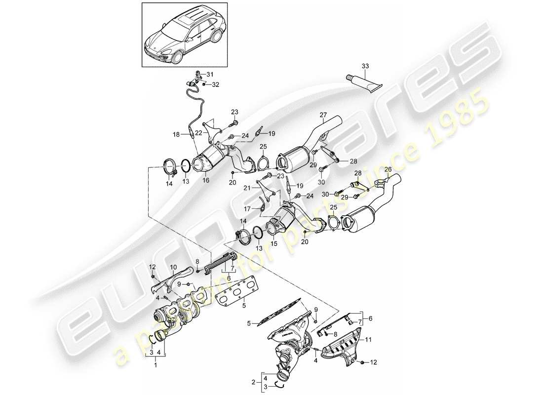 porsche 2016 (cayenne e2 92a) exhaust system exhaust gas turbocharger catalytic converter lambda probe part diagram