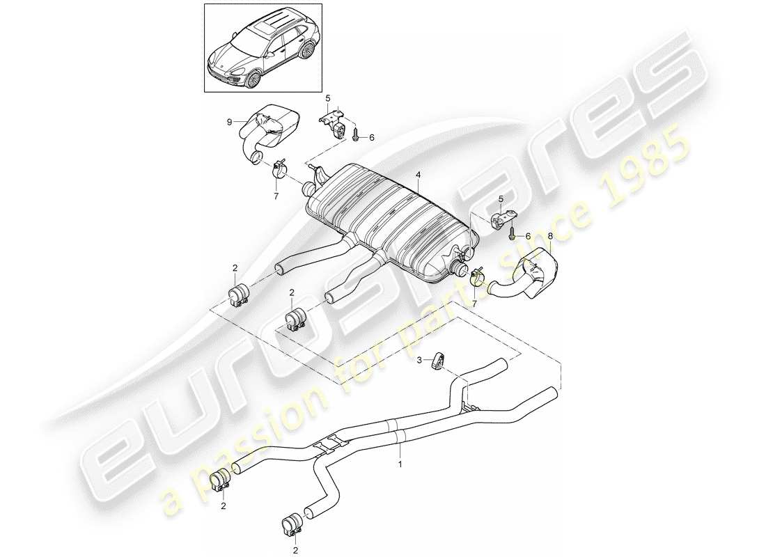 porsche 2011 (cayenne e2 92a) exhaust system front silencer rear silencer tailpipe part diagram