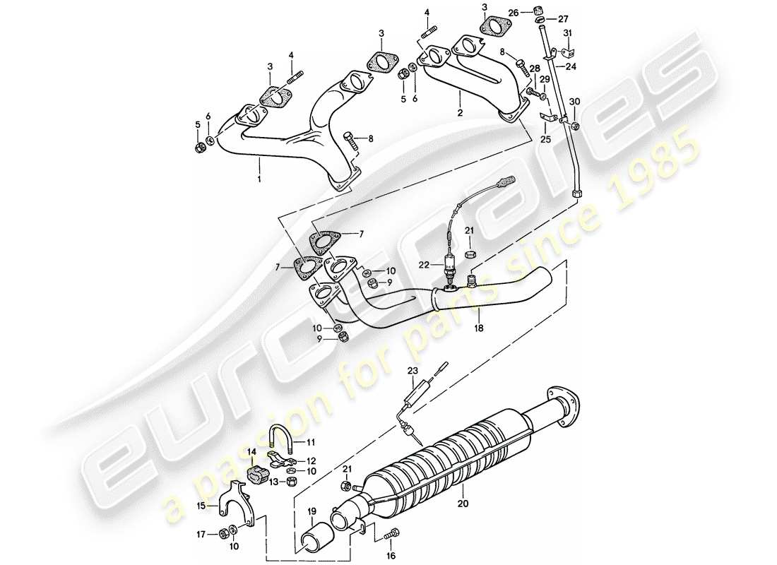 porsche 1986 (924s) exhaust system - catalyst parts diagram