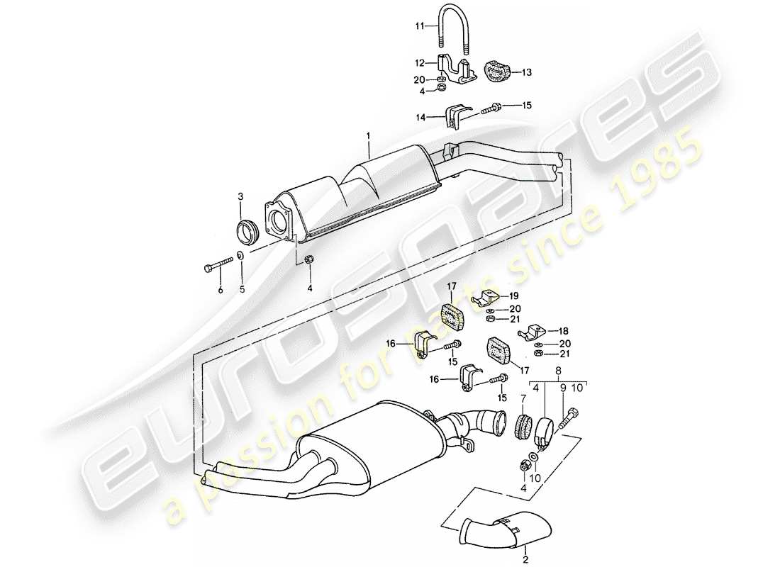 porsche 1993 (968) exhaust system - middle exhaust muffler - exhaust silencer, rear part diagram