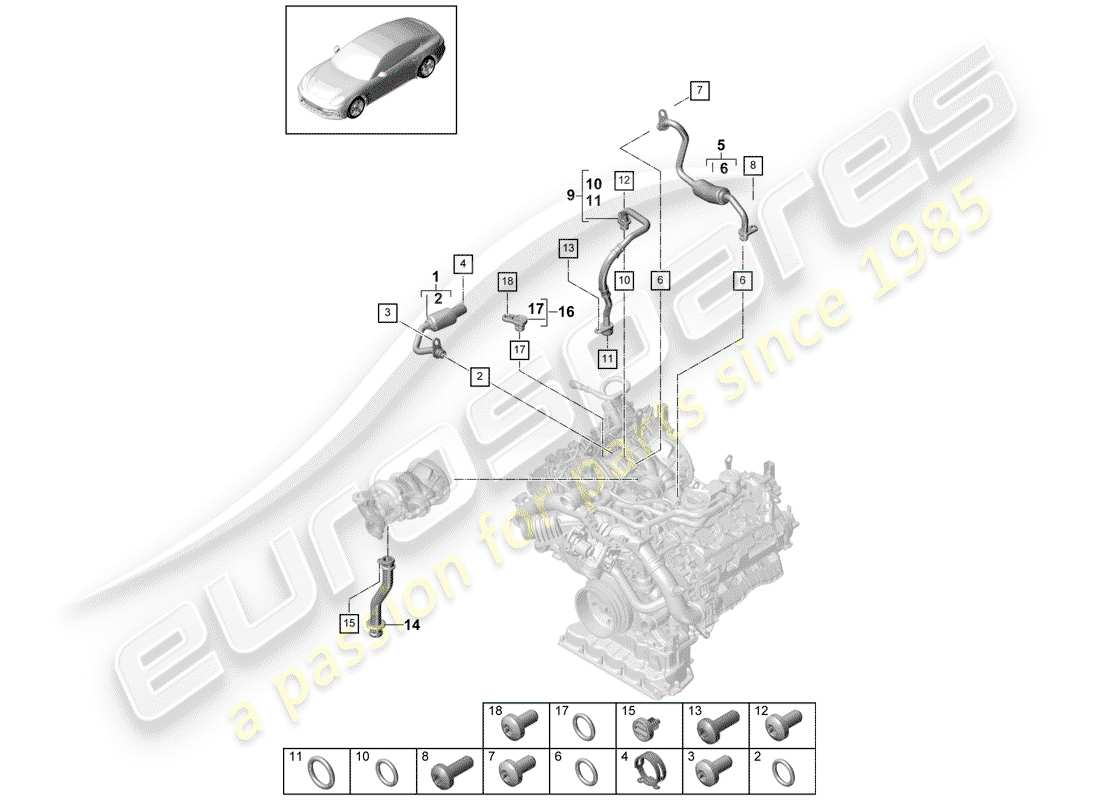 porsche 2018 (panamera 971-1) coolant cooling system for turbocharger oil pressure line for exhaust gas turbocharger part diagram