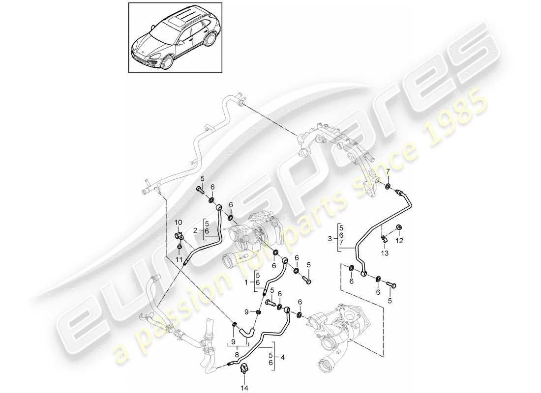 porsche 2011 (cayenne e2 92a) exhaust gas turbocharger coolant cooling system part diagram