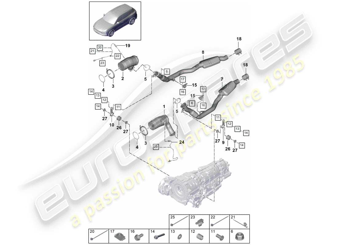 porsche 2020 (cayenne e3 9ya/9yb) exhaust system catalytic converter lambda probe part diagram