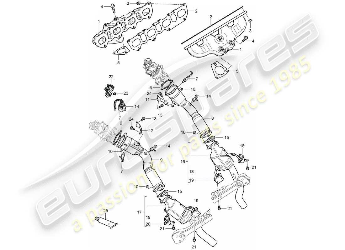 porsche 2009 (cayenne e1 9pa) exhaust system exhaust manifolds catalytic converter parts diagram