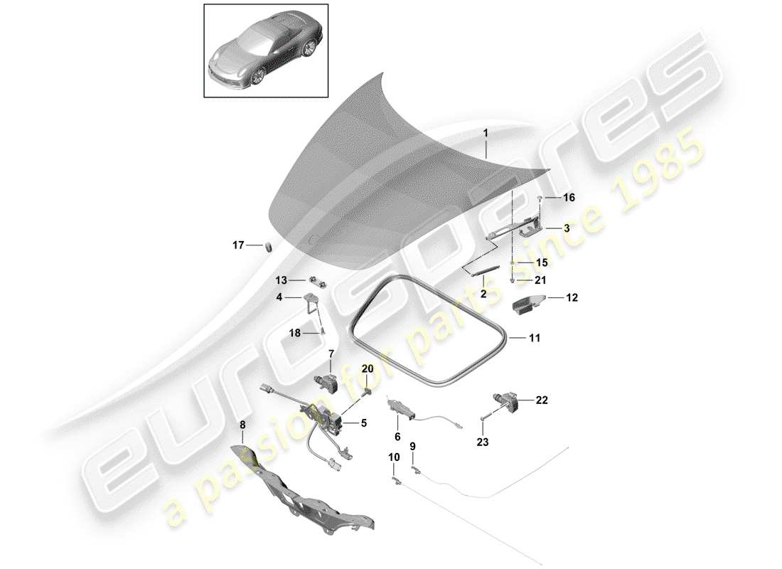 porsche 991r/gt3/rs (2019) hood part diagram