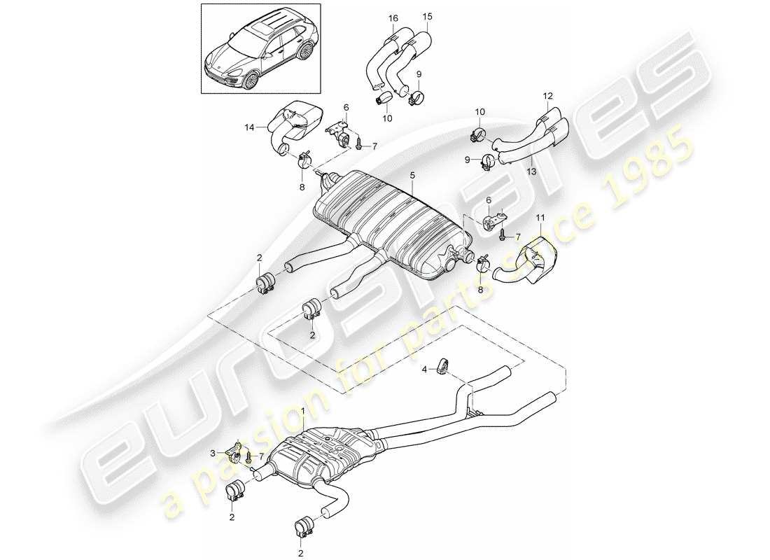 porsche 2011 (cayenne e2 92a) exhaust system front silencer rear silencer tailpipe part diagram