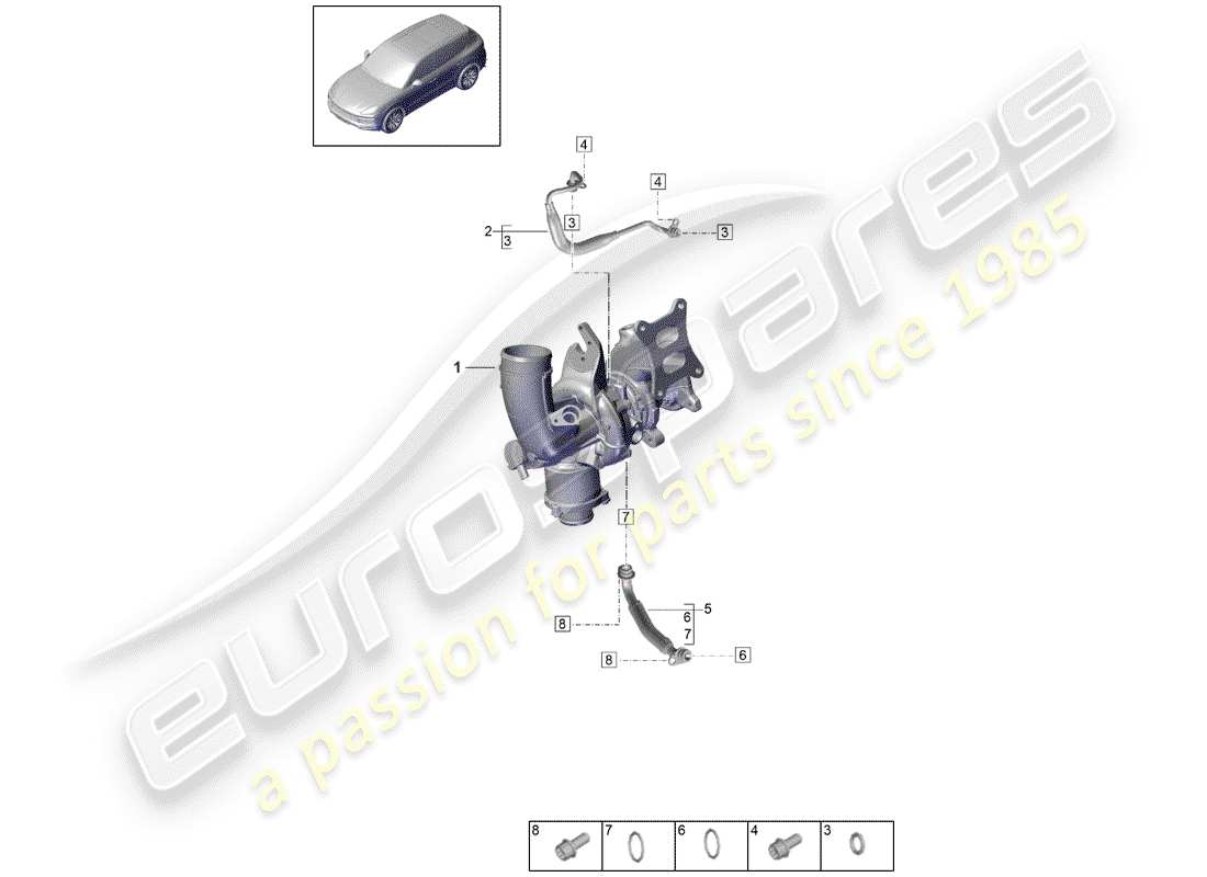 porsche 2020 (cayenne e3 9ya/9yb) oil pressure line for engine oil cooling exhaust gas turbocharger part diagram