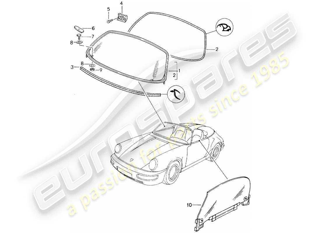 porsche 1992 (964) window glazing parts diagram