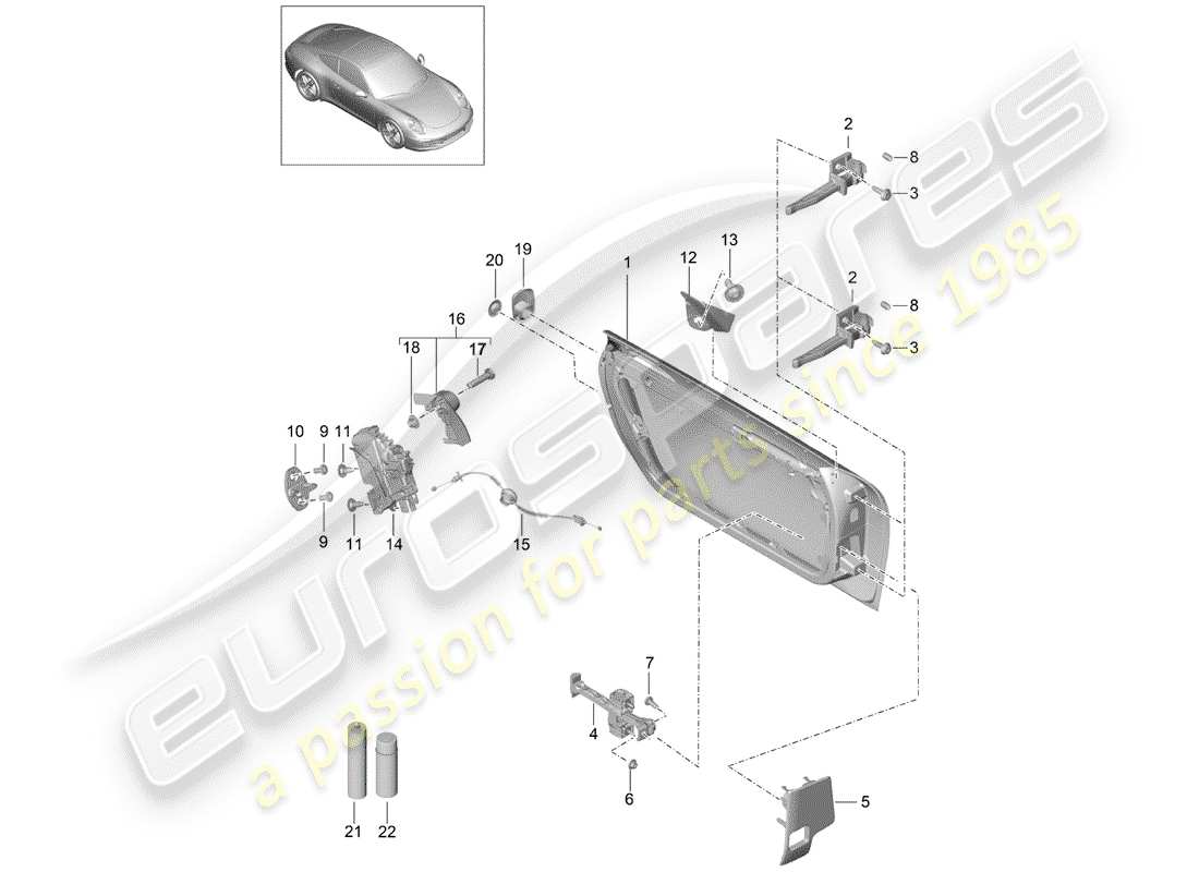 porsche 2016 (991-1) door shell with installation parts door lock parts diagram