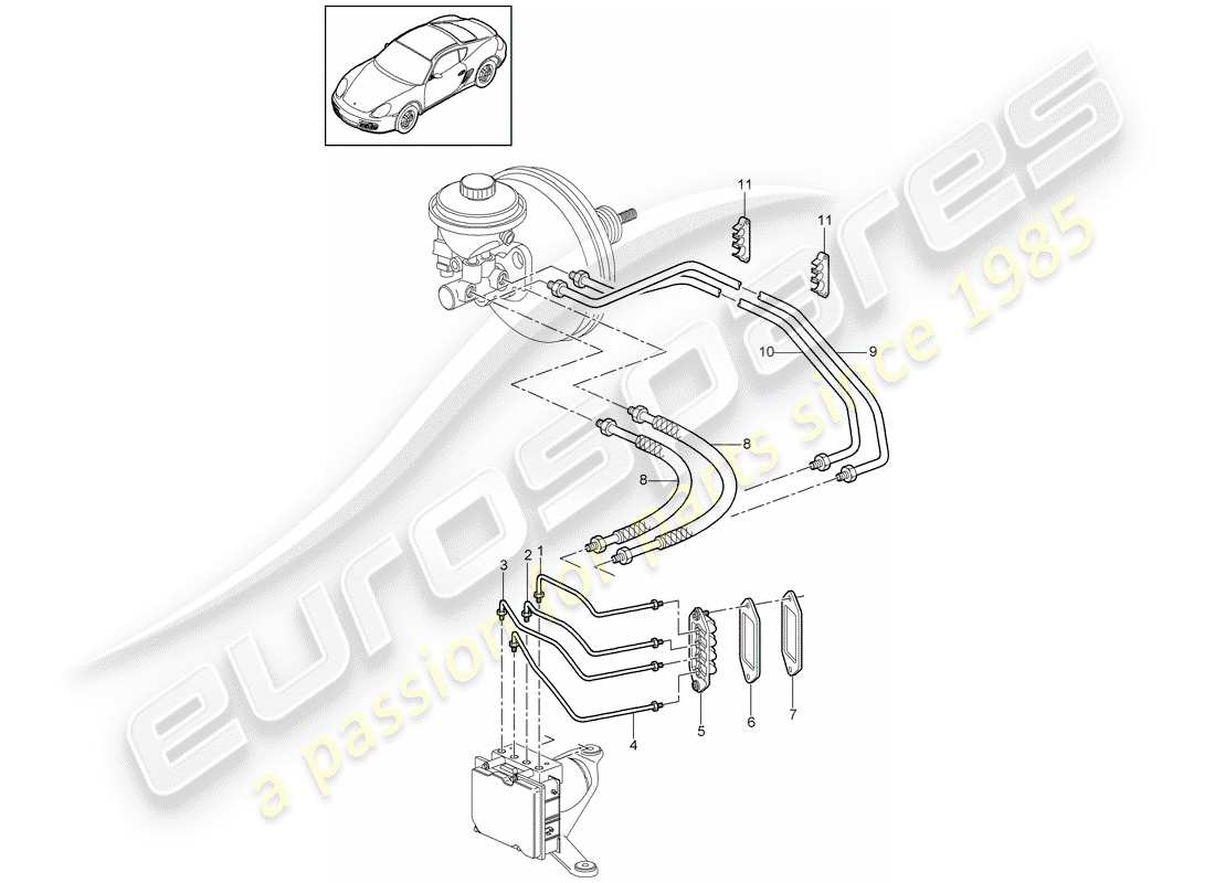 porsche 2009 (987 cayman) brake line front end part diagram