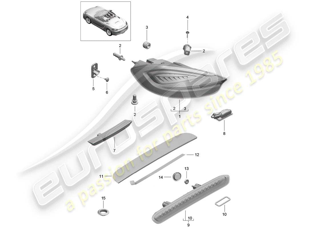 porsche 2014 (981 boxster) rear light licence plate light additional brake light rear fog light parts diagram