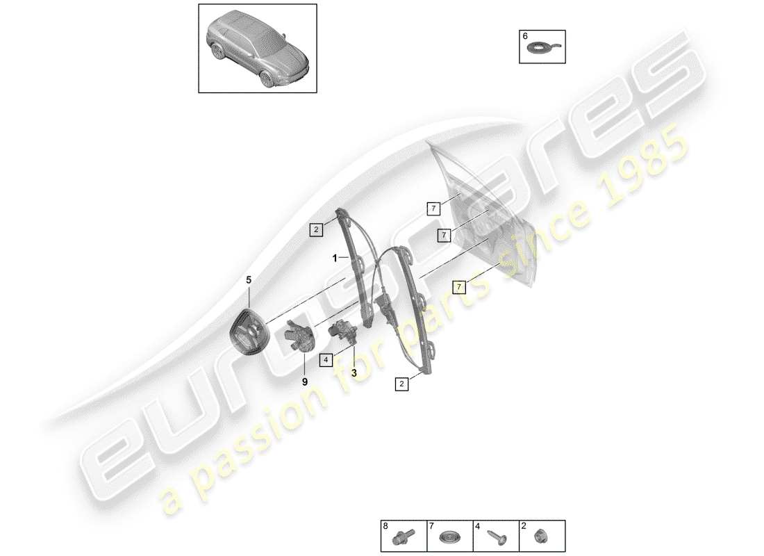 porsche 2019 (cayenne e3 9ya/9yb) window regulator front assembly carrier parts diagram