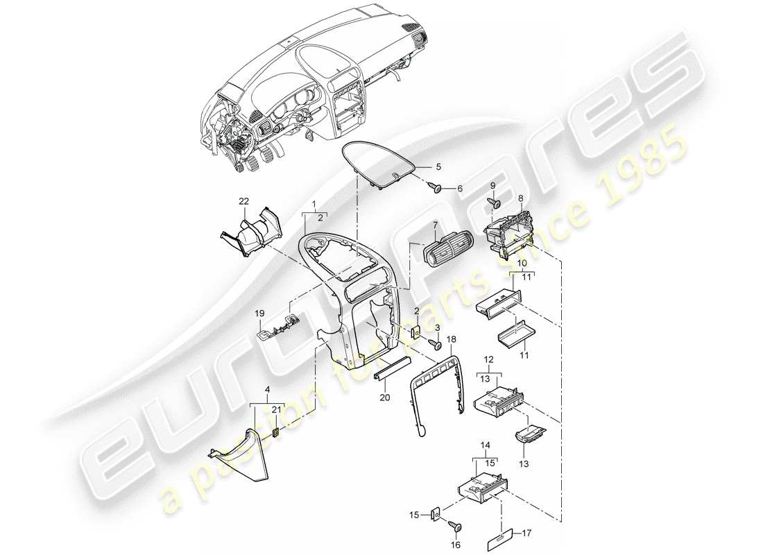porsche 2005 (cayenne e1 9pa) instrument panel trim center accessories part diagram