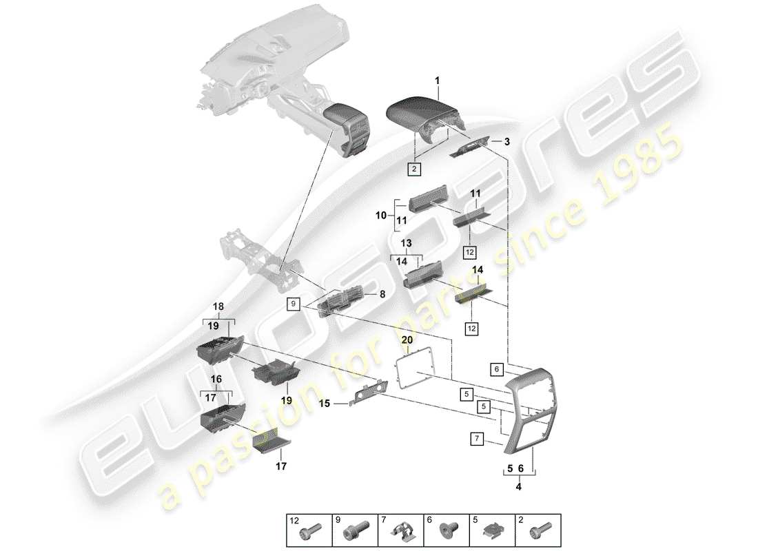 porsche 2019 (cayenne e3 9ya/9yb) centre console rear parts diagram