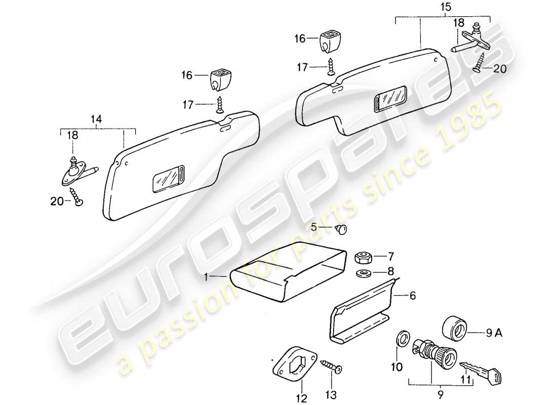 porsche 1988 (959) glove box - sun vizor parts diagram