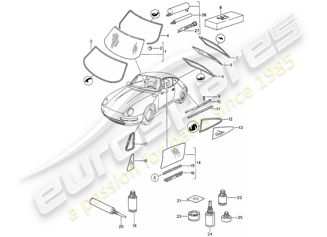 porsche 1994 (993) window glazing parts diagram