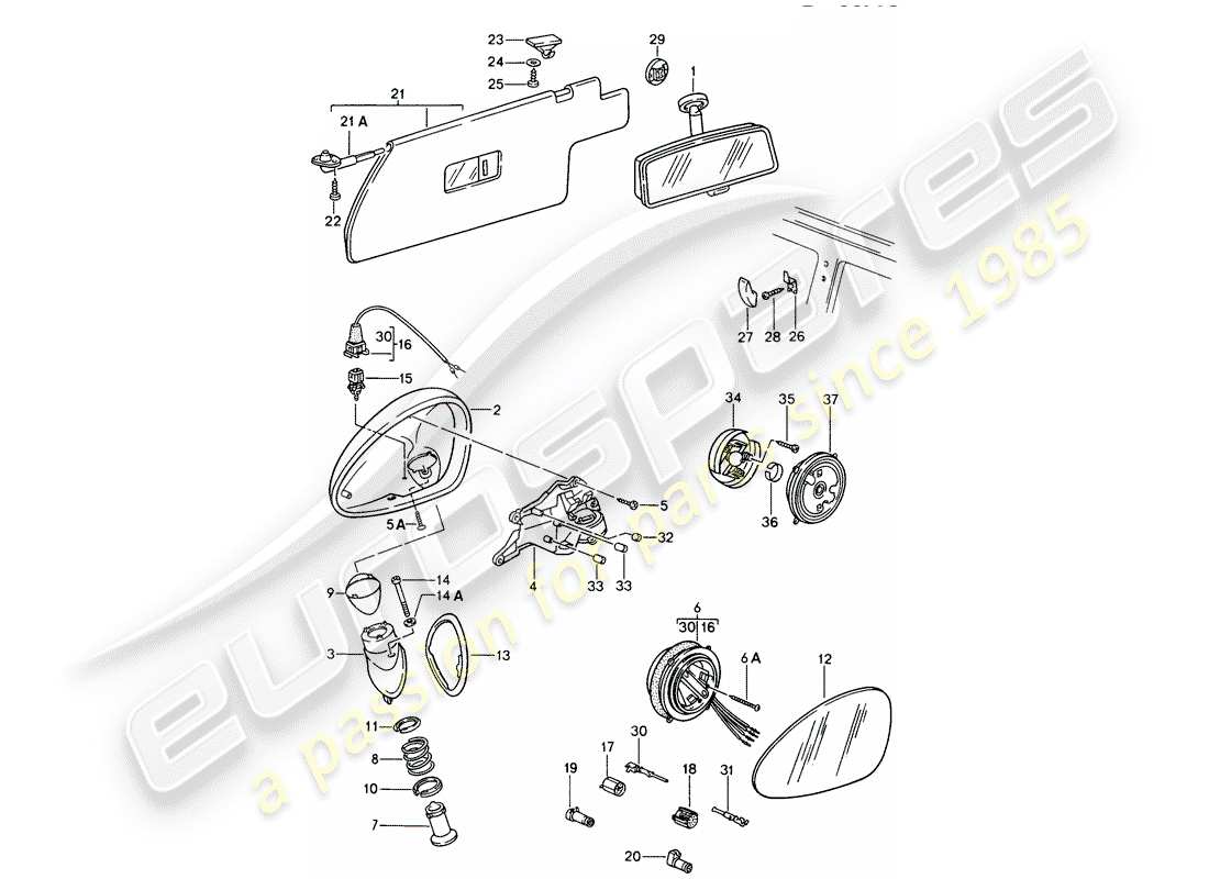 porsche 1993 (968) rear view mirror inner - rear view mirror - sun vizor part diagram