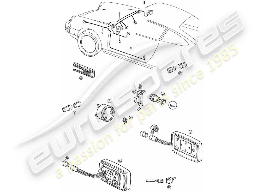 porsche 1986 (911) wiring harnesses - rear view mirror - electrically adjustable - central locking system part diagram